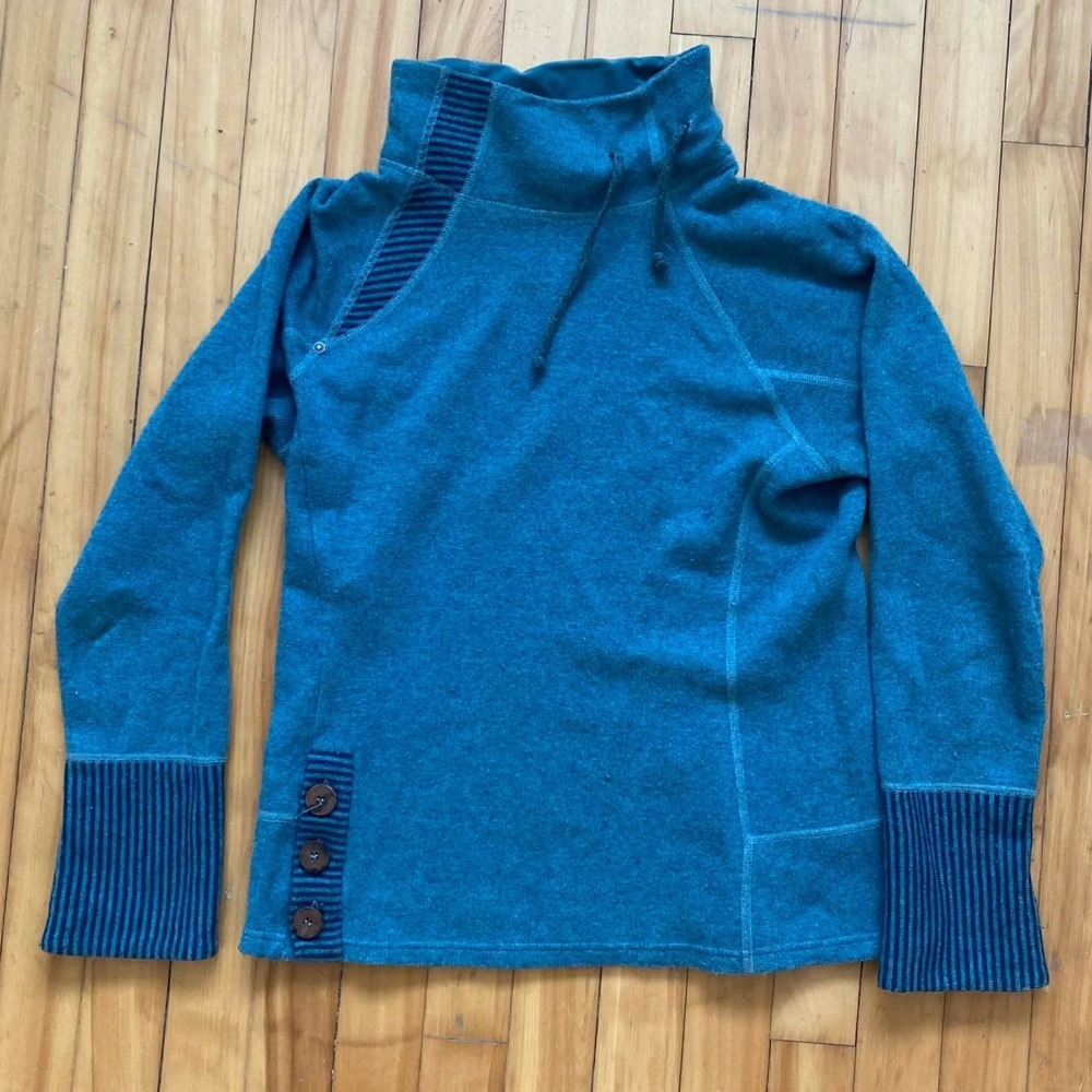 Prana Striped Funnel Neck Wool Lucia Pullover Sweater Women Medium Teal Blue